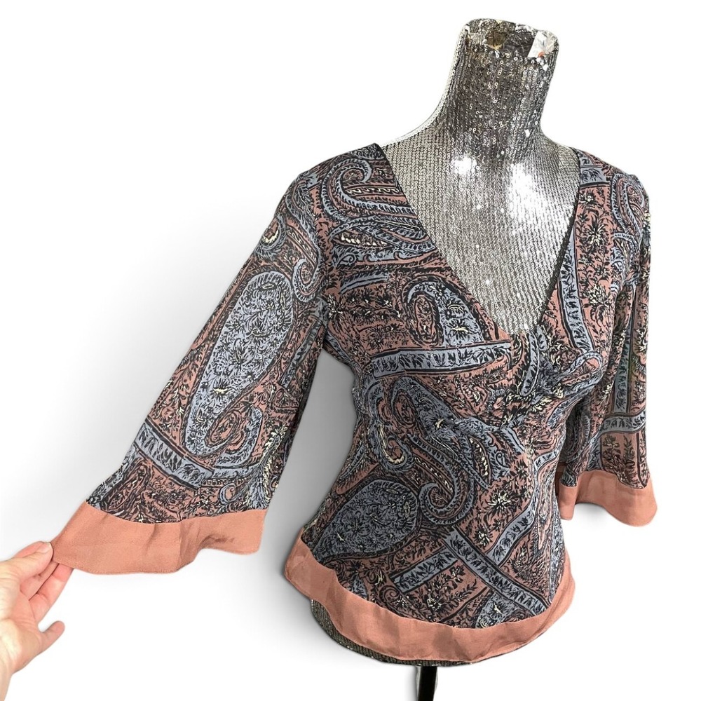 iCE 100% Silk Blouse Medium Paisley V-Neck 3/4 Bell Sleeve Y2K Whimsigoth - Picture 2 of 7